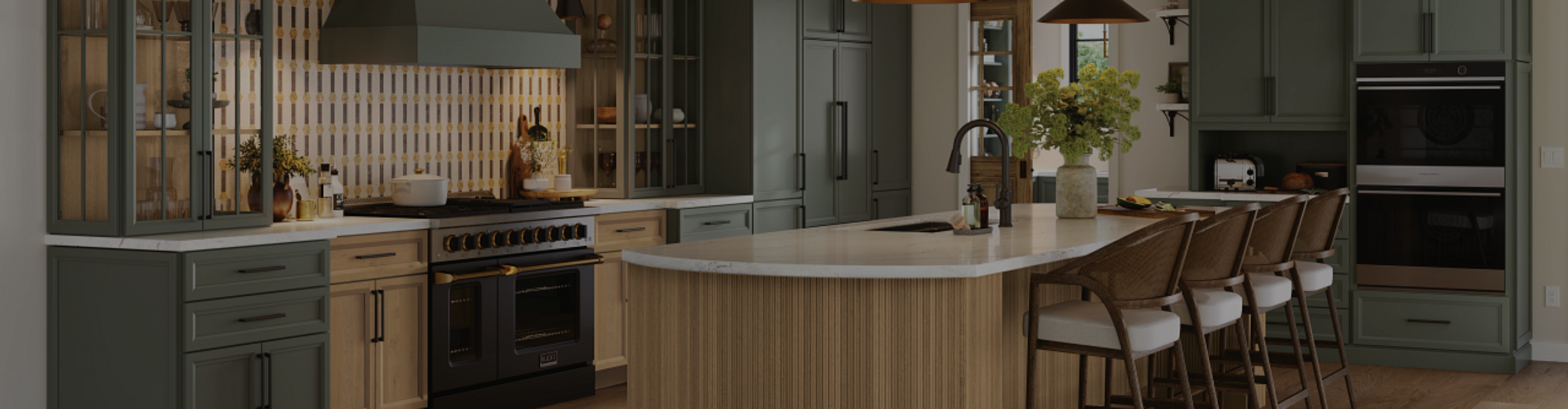 Dream Kitchen with green cabinets and reeded wood island